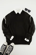 Trendyol Black Oversize Crew Neck Piping Detailed Knitwear Sweater