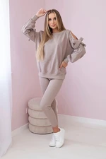 Women's set of sweatshirt with bow and leggings - dark beige