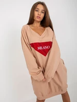 Beige oversized long sweatshirt with rhinestone appliqué