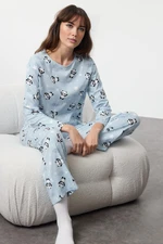 Trendyol Blue 100% Cotton Panda Patterned Knitted Pajama Set