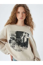 Koton Oversize Sweatshirt Window Detail Printed Crew Neck Raised