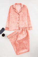 Trendyol Salmon New Year Themed Piping Detailed Satin Woven Pajama Set