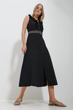 Trend Alaçatı Stili Women's Black Poplin Woven Dress With Frilly Front Belt