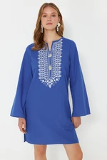 Trendyol Blue Mini Woven Embroidered 100% Cotton Beach Dress