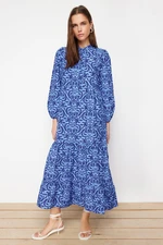 Trendyol Sax Patterned Half Pat Wide Fit Cotton Woven Dress