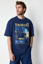 Trendyol Navy Blue Oversize/Wide Cut Headlight East Printed 100% T-Shirt