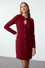 Trendyol Claret Red Plain Mini Straight Cut Button Detailed Crew Neck Mini Woven Dress