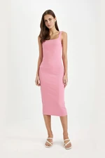 DEFACTO Bodycon Fitted Basic Plain Square Neck Ribbed Camisole Sleeveless Midi Dress