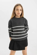 DEFACTO Girl's Anthracite Striped Crew Neck Knitwear School Sweater