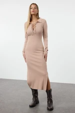 Trendyol Mink Eyelet Detailed Body-Smoothing Elastic Ribbed Midi Dress