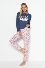 Trendyol Indigo 100% Cotton Cat Print T-shirt-Pants and Knitted Pajamas Set