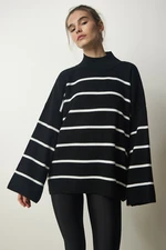 Happiness İstanbul Women's Black High Neck Striped Oversize Knitwear Sweater