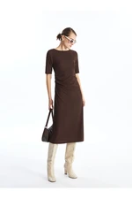 LC Waikiki LCWAIKIKI Classic Chocolate Brown Crew Neck Textured Women's Dress