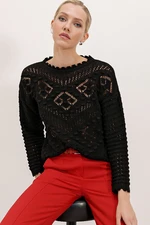 Bigdart 15860 Openwork/Perforated Oversize Sweater - Black