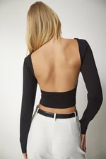 Happiness İstanbul Women's Black Open Back Knitted Crop Blouse