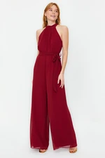 Trendyol Burgundy Belted Maxi Chiffon Lined Woven Jumpsuit