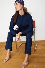 Trendyol Navy Blue Crinkle Shirt Trousers Woven Bottom Top Set