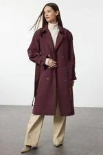 Trendyol Claret Red Oversize Belted Windbreaker Detailed Water Repellent Long Trench Coat