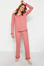 Trendyol Dusty Rose 100% Cotton Ruffled Bias Shirt-Pants Knitted Pajama Set