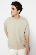 Trendyol Limited Edition Beige Men's Oversize/Wide Fit Wearing/Faded Effect 100% Cotton Thick T-Shirt with Labels.