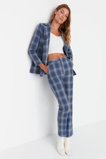 Trendyol Navy Blue Straight Weave High Waist Checked Trousers