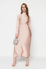 Trendyol Light Pink Belted Satin Evening Dress