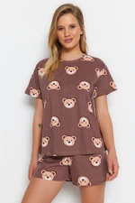 Trendyol Brown 100% Cotton Teddy Bear Patterned T-shirt-Shorts Knitted Pajama Set