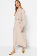 Trendyol Light Beige Belted Stitch Detail Woven Dress