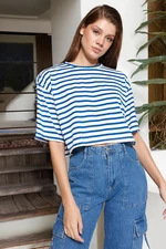 Trendyol Navy Striped Relaxed/Wide Comfortable Cut Crop Crew Neck Knitted T-Shirt