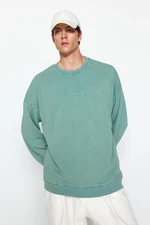 Trendyol Green Oversize/Wide-Fit Wear/Faded Effect Text Embroidery Cotton Sweatshirt