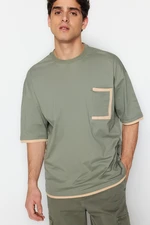 Trendyol Khaki Oversize Pocket Color Block 100% Cotton T-Shirt