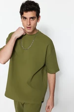 Trendyol Limitovaná edice Khaki Oversize 100% bavlna označená texturou Basic Thick T-Shirt