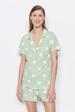 Trendyol Mint 100% Cotton Polka Dot Shirt-Short Knitted Pajamas Set