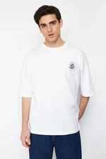 Trendyol Ecru Oversize Embroidered 100% Cotton T-Shirt