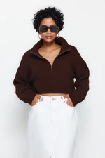 Trendyol Brown Super Crop Zipper Sweter z dzianiny