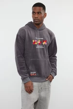 Trendyol Anthracite Relaxed Fit Hooded Long Sleeve Kangaroo Pocket Embroidered Sweatshirt