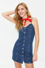 Trendyol Blue Strappy Front Buttoned Mini Denim Dress