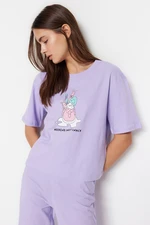 Trendyol Lilac 100% Cotton Fun Printed T-shirt-Pants Knitted Pajamas Set