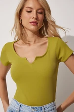 Happiness İstanbul Women's Oil Green Heart Collar Corduroy Knitted Crop Blouse