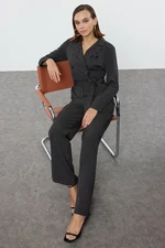 Trendyol Black Belted Striped Jacket Collar Long Jumpsuit