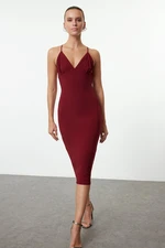 Trendyol Burgundy Fitted Knitted Elegant Evening Dress