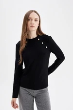 DEFACTO Black Ribbed Camisole Buttoned Long Sleeve Basic Plain T-Shirt Tunic