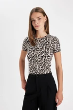 DEFACTO Women's Slim Fit Slim Fit Crew Neck Leopard Print Short Sleeve T-Shirt