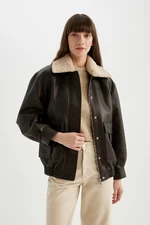 DEFACTO Regular Fit Faux Für Collar Faux Leather Jacket Coat