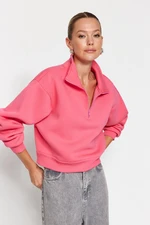 Trendyol Pink Relaxed Cut Crop Basic Zippered Stand Collar Thick Inside Fleece Knitted Sweatshirt