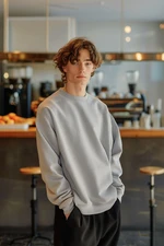 Trendyol Gray Melange Oversize/Wide Cut Cotton Basic Thick Sweatshirt with Fleece Inside