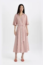 DEFACTO Shirt Collar Striped Belted Linen Short Sleeve Midi Dress