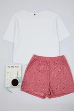 Trendyol White-Pink 100% Cotton Star Patterned Knitted Pajama Set