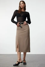 Trendyol Dark Beige Slit Detailed Ederli Fabric Midi Length Woven Skirt