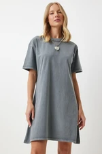 Happiness İstanbul Women's Anthracite Crew Neck Oversize Knitted T-Shirt Dress